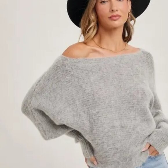 CLEAR OUT!!! Boat Neck Dolman Sleeve Ribbed Fuzzy Knit Sweater - Picture 9 of 10